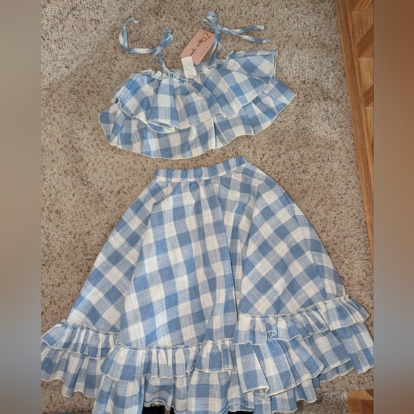 Mia Belle Girls Hello Honey Double Ruffle Gingham Crop Top & Maxi Skirt Set,2/3T - Picture 2 of 6
